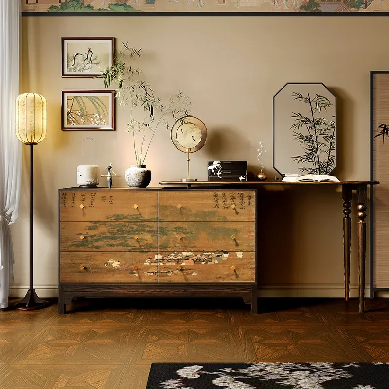 New Chinese Style Solid Wood Bedside Drawer Cabinet Song Dynasty Aesthetics Flower and Bird Chest for Bedroom Living Room