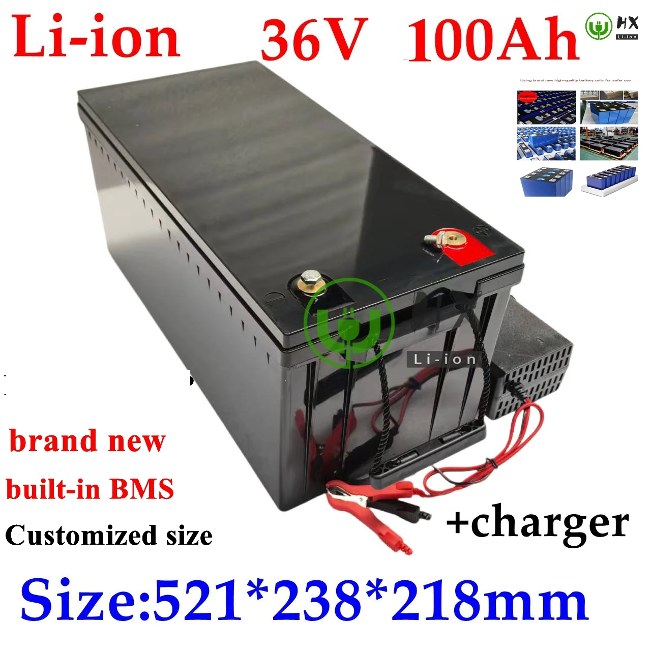 HX-Batterie lithium-ion étanche, 36V, 100Ah, BMS Films, 3500W, 2000W, Vélo de Sicile, Scooter, Massage solaire, EV, Charger 10A