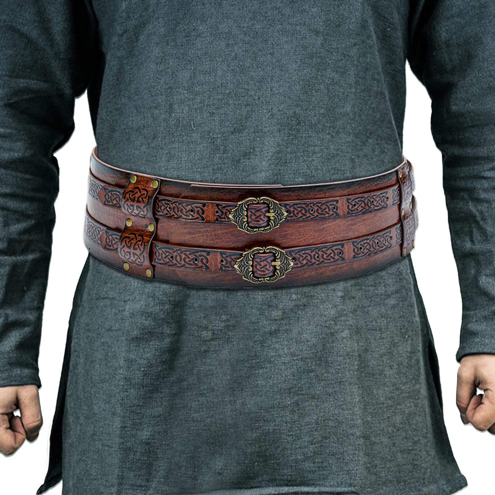 Men Women Runic Leather Belt Double Wide Thick Belt Vikings Pirate Medieval War Accessory Halloween Cosplay Props