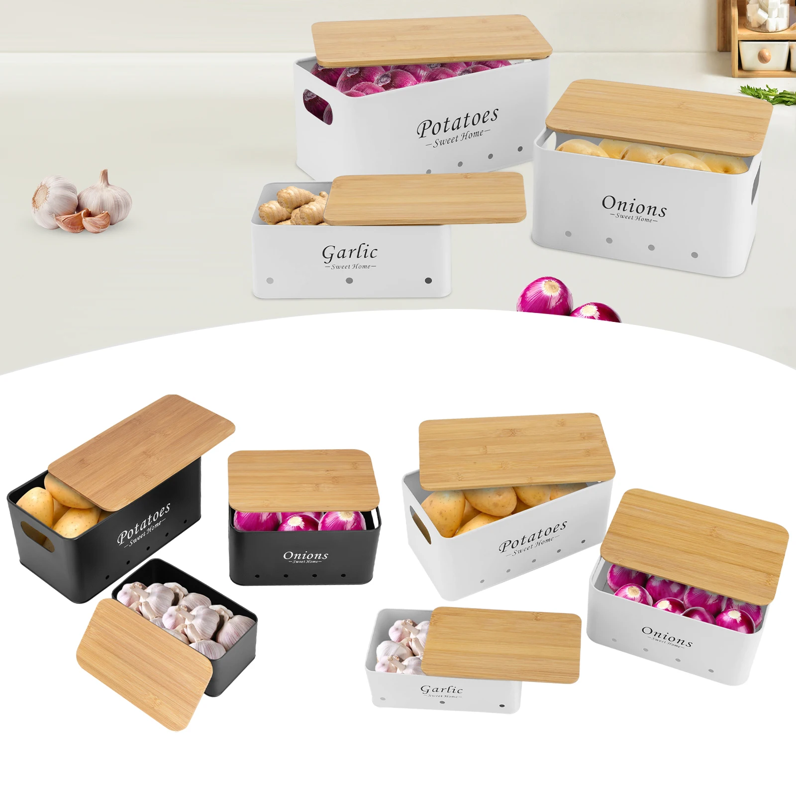 3-teiliges modernes rechteckiges Aufbewahrungsbox-Set mit Hohlgriffen in Schwarz/Weiß für Zwiebeln, Kartoffeln, Knoblauch, Organizer-Behälter – Detail 6