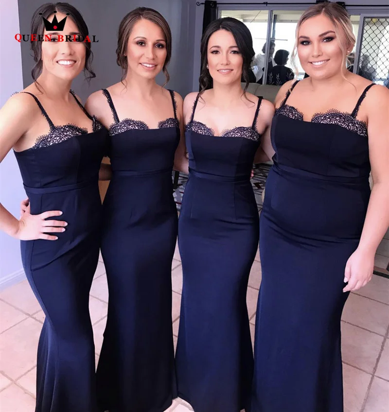 2023 Formal Mermaid Bridesmaid Dress Navy Blue Elegant Spaghetti Straps Lace V-neck Vestido de la dama de honor Custom Made SU08