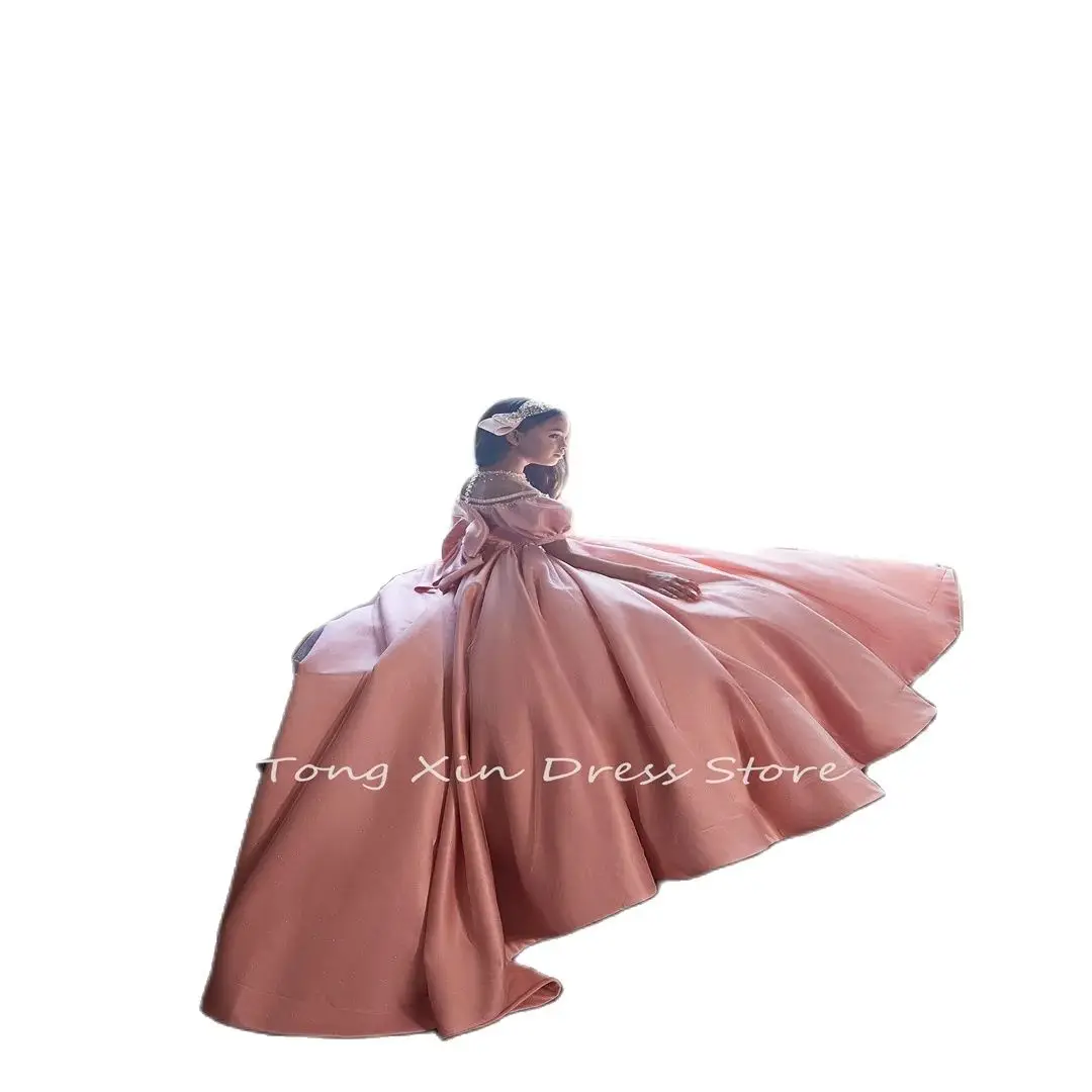 Customized Girls Pageant Dresses Princess Satin Jewel Neck Short Sleeves Crystal Beads Kids Flower Girl Dress Ball Gown Birthday
