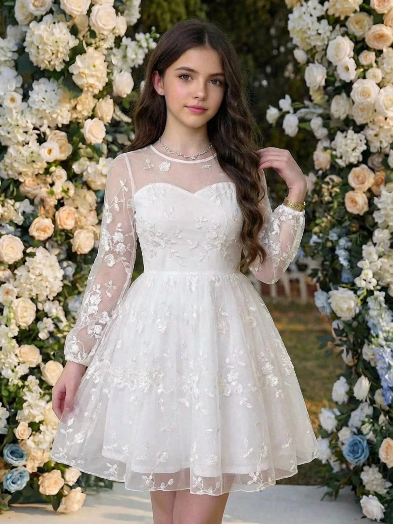 

Элегантное белое сетчатое платье с вышивкой и длинными рукавами, А-силуэт, выше колена