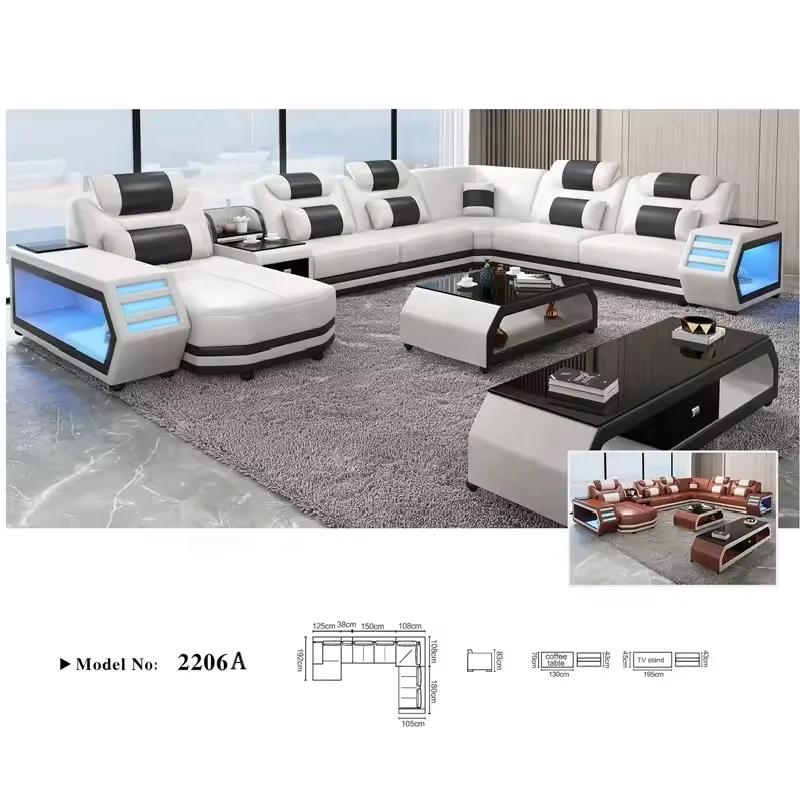 *# American Style Hot Sale Fashion Living Room Sofas White Led Lights, Modern Classic Luxury Genuine Leather Sofa Set
