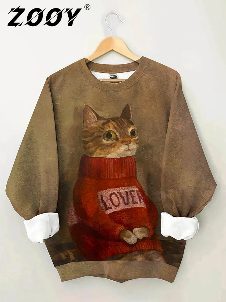 XXS-6XL Plus Size Long sleeved Sweater for Women Casual Daily Cartoon Black Cat Cute Dog Print Loose Sweatshirt ZOOY