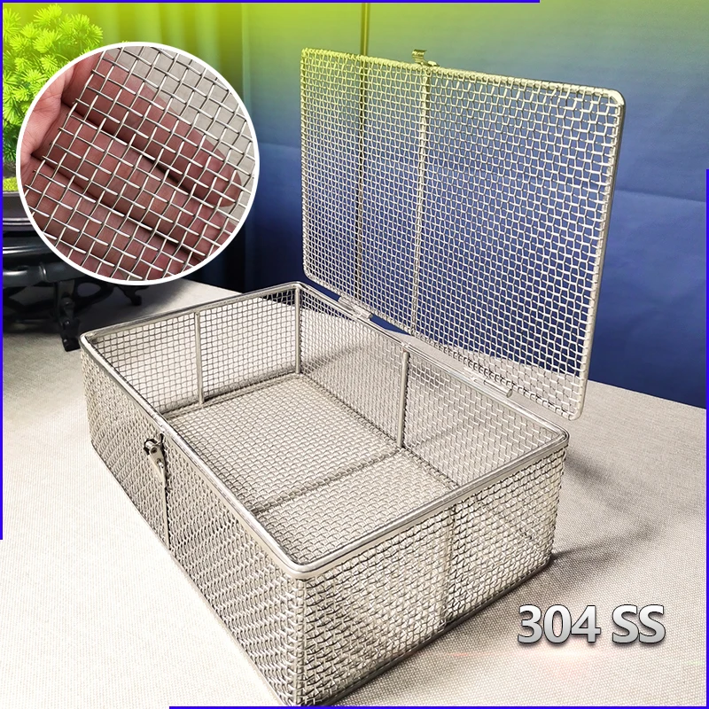 304 Stainless Steel Rectangular Net Basket with Cover, Multifunctional Cleaning Filter Draining Basket, High Temperature Resista