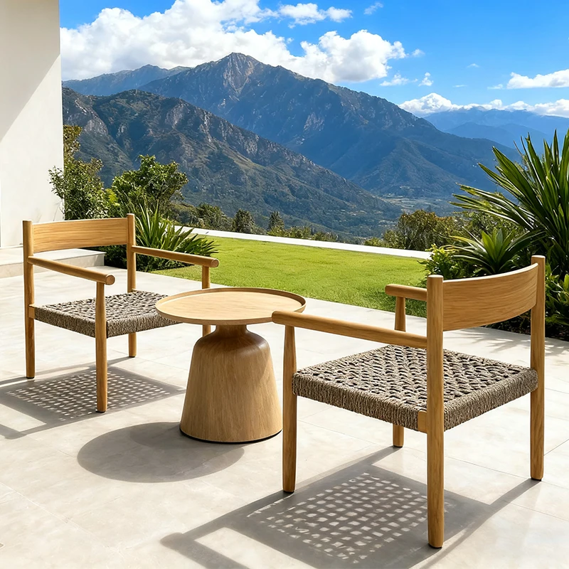 Outdoor Courtyard Teak Leisure Chair Coffee Table Set Villa Garden Lounge Chair Terrace Solid Wood Rope Woven Sofa Armchair