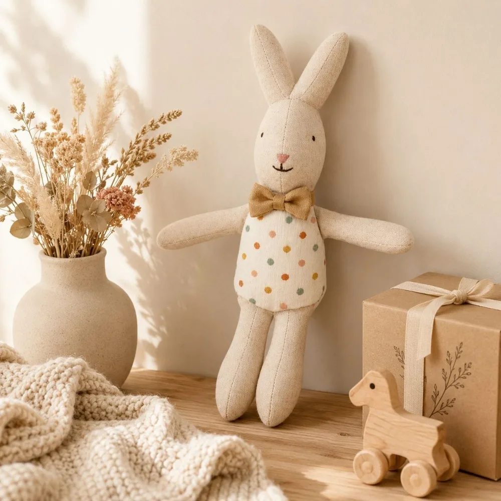 Cute Handmade Craft Linen Bunny Doll Soft Plush Fabric Rabbit Doll Rabbit Toy Montessori Play