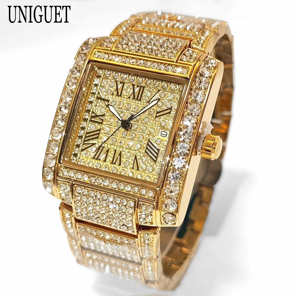 

UNIGUET Iced Out Watch For Men Luxury Gold Stainless Steel Quartz Watches Hip Hop Full Diamonds Rectangle AAA Wristwatch Man