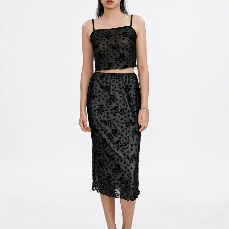 Women Sexy Two Piece Skirt Sets Summer Clothes Outfits See Through Lace Camisole Tops and Midi Bodycon Skirts Half Dress Sets