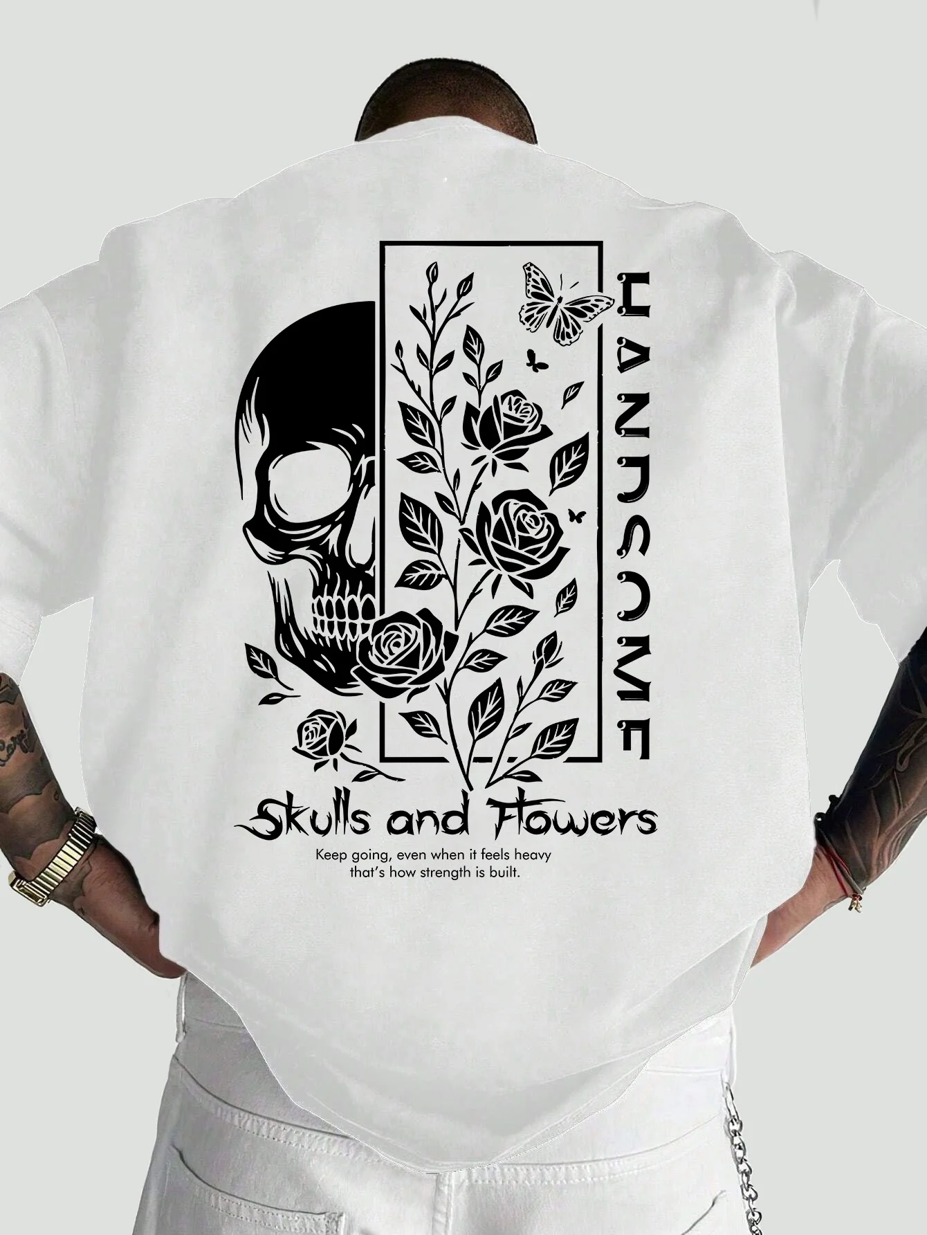 Summer New Style Skull and Rose Print 100% Cotton Men's T-shirt in Retro Gothic Style - Comfortable Short-sleeved T-shirt