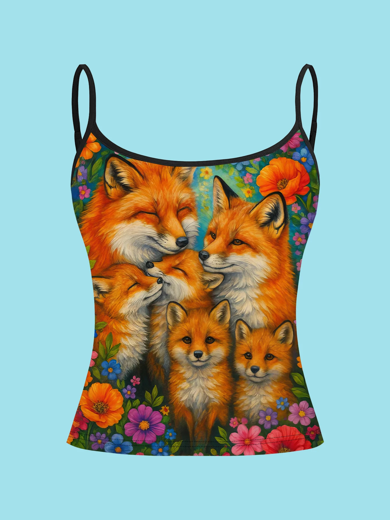 3-Pack of Artistic Fox Floral Print Camisoles for Women, Painted Forest Animal Slim-Fit Sleeveless Hot Girl Inner Tops