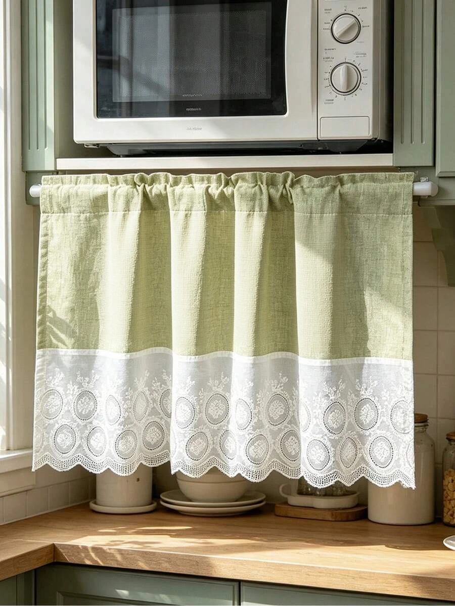 1pc or 2pcs Green Linen Tier Cafe Curtain With Beaded Tassel For Cabinet, Pantry, Bathroom, Rod Pocket Short Half Window Curtain