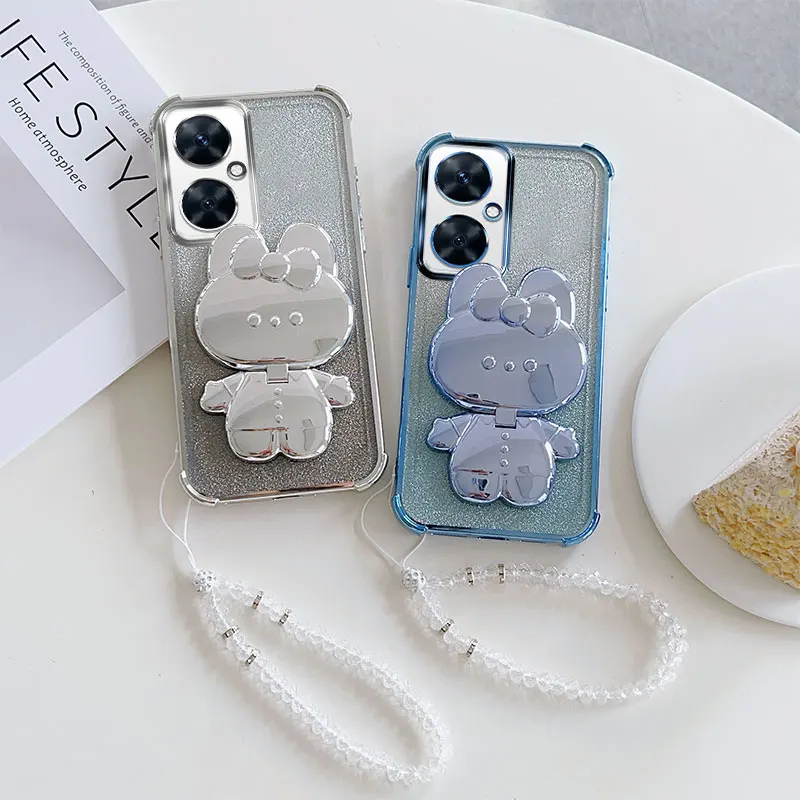 Luxury Shockproof Phone Case with Rabbit Makeup Swivel Stand Crystal Lanyard For Huawei Nova 11i 12i 13 SE Pro Ultra Back Cover