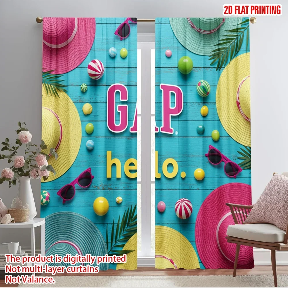 2pcs 2D flat printing Party Curtains Summer Hats Sunglasses Beach Polyester Without Electricity 0 for aesthetic room decor