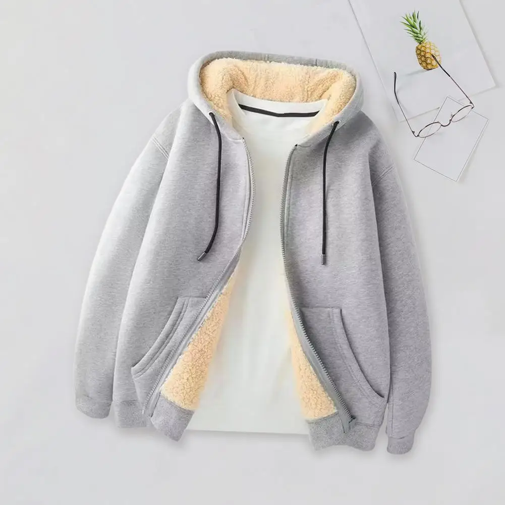 Men Thickened Zip-up Sweatshirt Men's Winter Hooded Fleece Jacket with Zipper Closure Lambswool Lining for Warmth for Autumn