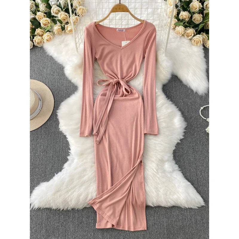 

chic slim women summer sexy v neck knitted bodycon long dress casual split party sheath dresses elegant tunic runway vestidos
