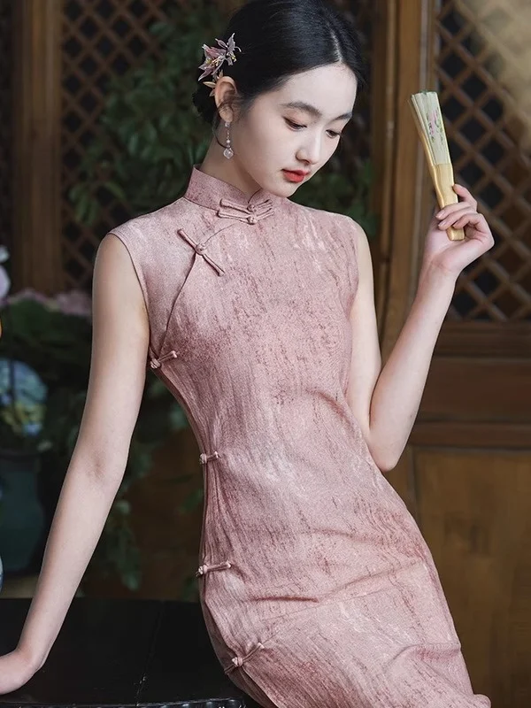 

Stunning Pink Qipao Dress Young Beautiful Ancient Method Girl Summer New Art Daily Large Size Women's Clothing Sleeveless
