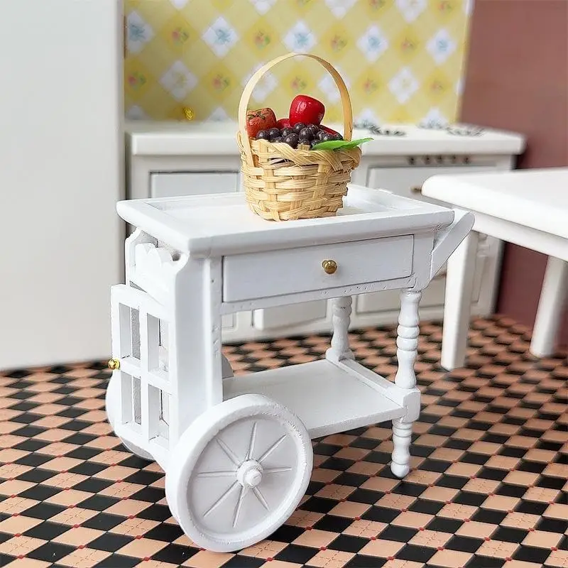 1 Uds. 1:12 casa de muñecas, carrito de conductor de comida de madera blanca, modelo de simulación, adorno de carro de mano, casa de muñecas, accesorios de escena de restaurante