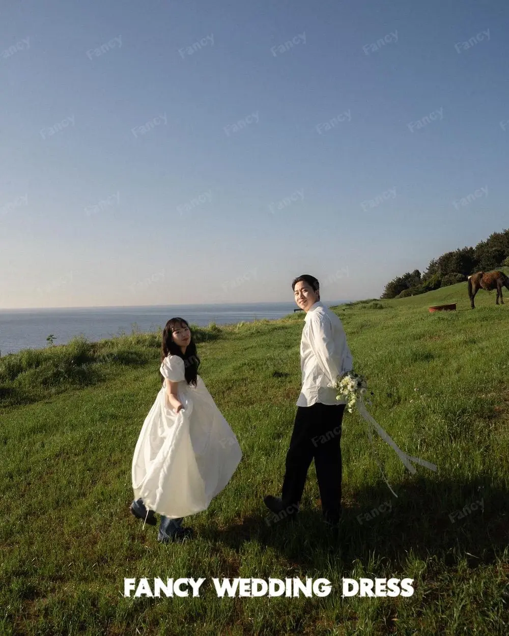 Robe de Mariée en Taffetas à Col Rond Simple, Séance Photo de Jardin Coréen, Ligne A, Longueur au Sol en Fibre, Fermeture Éclair au Dos Personnalisée