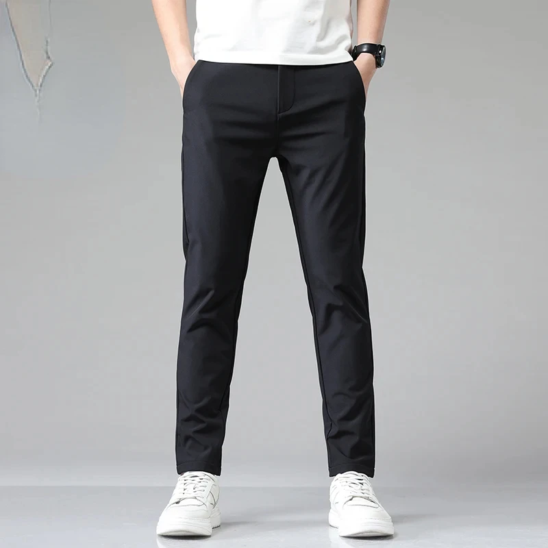 

2024 Summer Casual Pants Men Business Stretch Slim Elastic Waist Jogger Korean Classic Thin Black Gray Blue Trousers Male D17