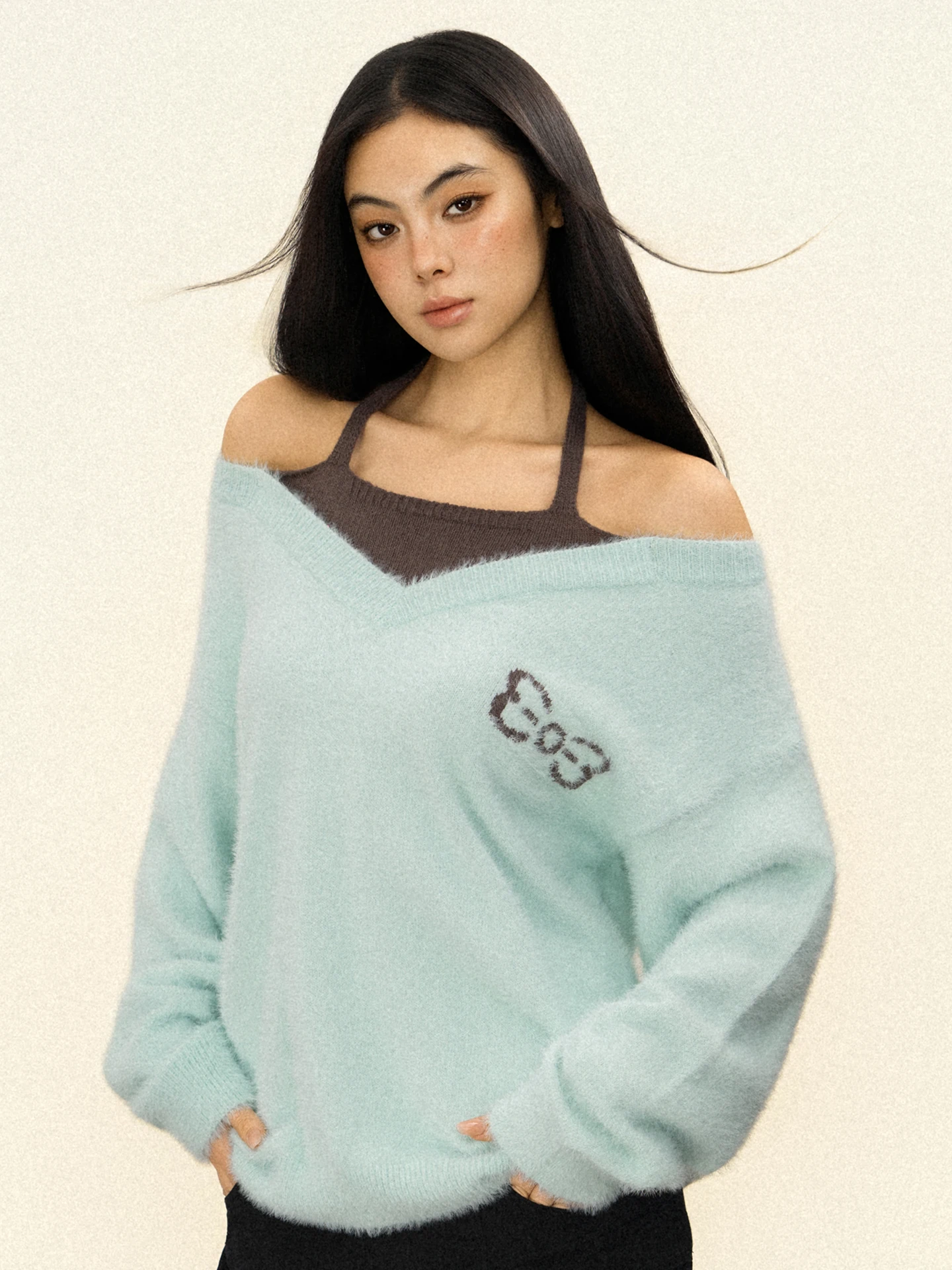 

Offsoul American Retro Spicy Girl Arctic Fce Fake Two-Piece Knitwear Women's Loose oulder Exposure Autumn Winter Top