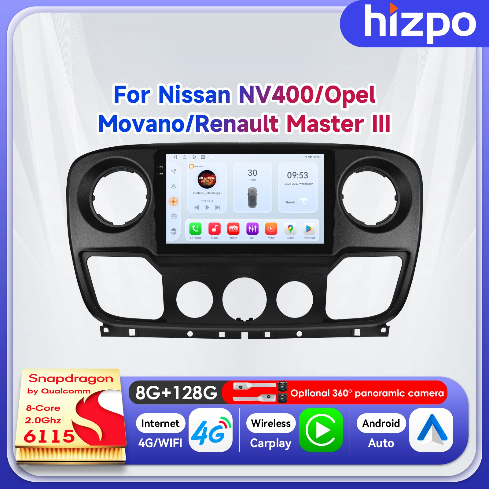 

Автомагнитола Hizpo 10.1" беспроводная для Renault Master III, Nissan NV400, Opel Movano 2010-2021 с Carplay, ADAS, BT