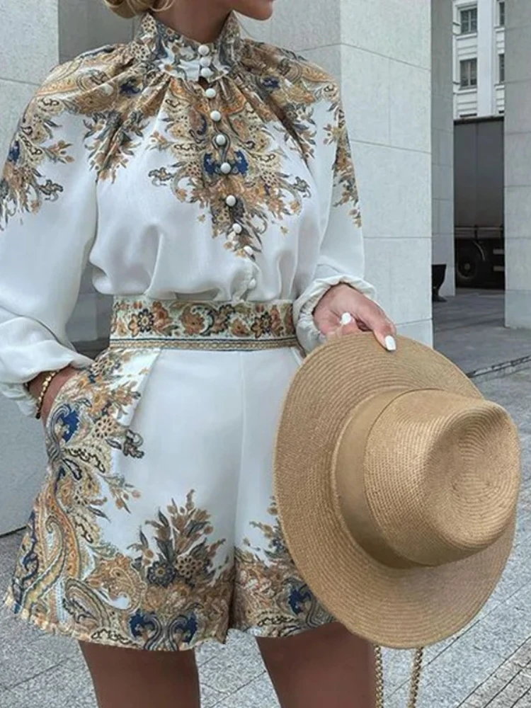 Women's Fall New Office Retro Suit Elegant Printed Semi-high-neck Long-sleeved Shirt + High-waisted Shorts Two-piece Set 2026