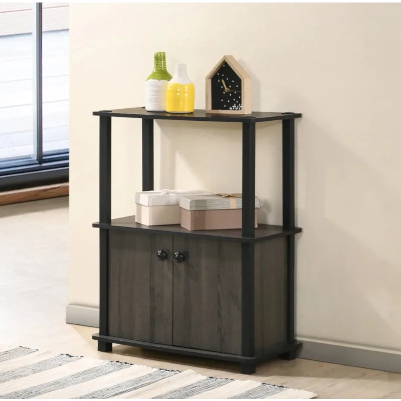 

3-Shelves Floor Shelf Self-Standing, Lower 2-Door Cabinet Section, Woodgrain Finish, No Tools Required for Assembly