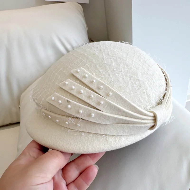100% Wełna Małe Czapki Dla Luksusowych Kobiet Eleganckie Berety 2024 Zimowa Ceremonia Ślubna Czapka Kościół Kwiat Panie Filc Fedoras — zdjęcie 3