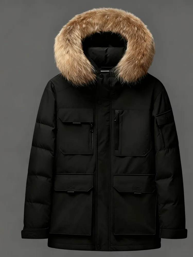 Men's Premium Gray Goose Down Winter Parka - Windproof Cold Weather Jacket with Detachable Fur Trim Hood