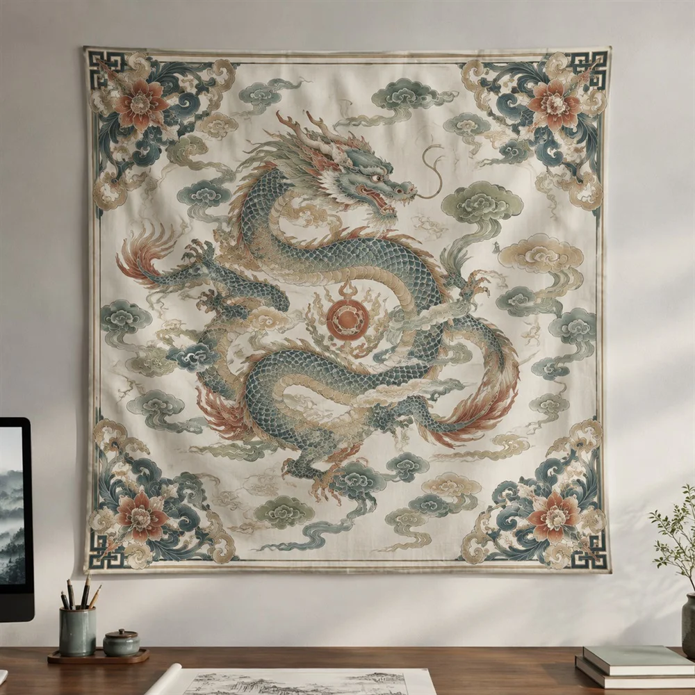 VIKAMA Cloud Dragon Motif Corner Motif Tapestry Wall Hanging, Oriental Wall Decor Tapestries for Bedroom Nursery Kids Room