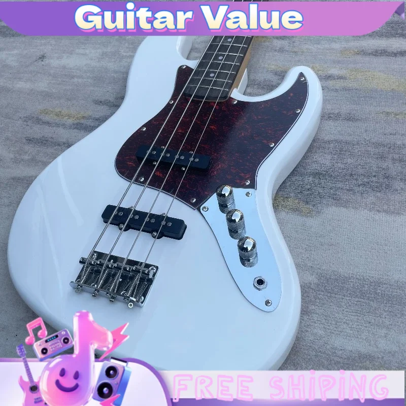 4 String Bass Electric Guitar Gloss White Offset Double Cut Tortoise Shell Pickguard Dual Single Coil Pickups Free Shipping view 2