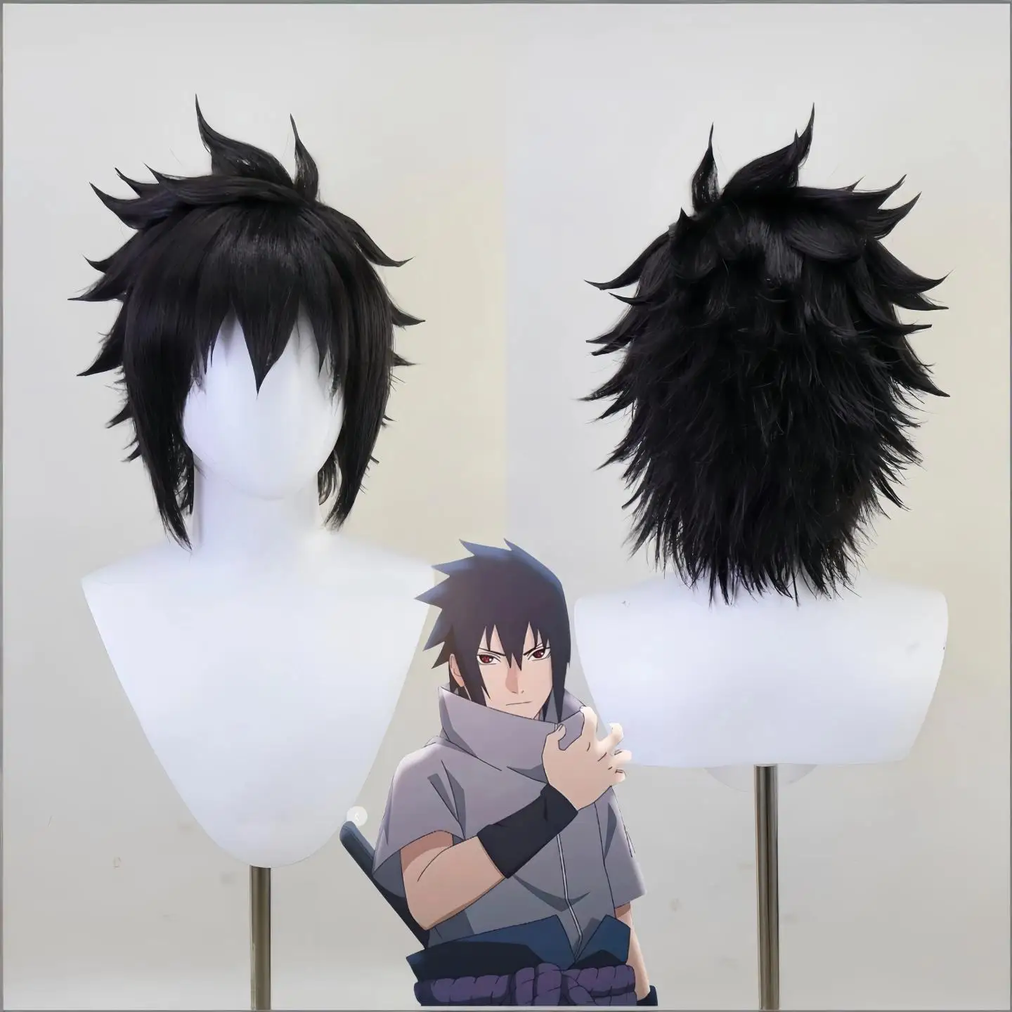 Anime Cosplay Black Short Wig – Spiky Layered Synthetic Hair, Heat Resistant Costume Wig for Men