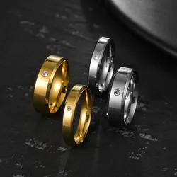 Minimalist Couple Rings Simple Style 4mm 6mm Stainless Steel Wedding Rings with Crystal for Women Men Promise Jewelry