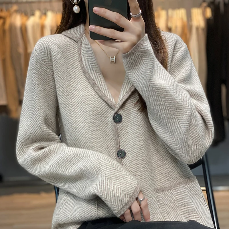 Autumn Winter Women Pure Cashmere Wool Suit Coat Sweater Casual Knitted Tailored Collar Cardigan Thickening Outwear Soft Jacket