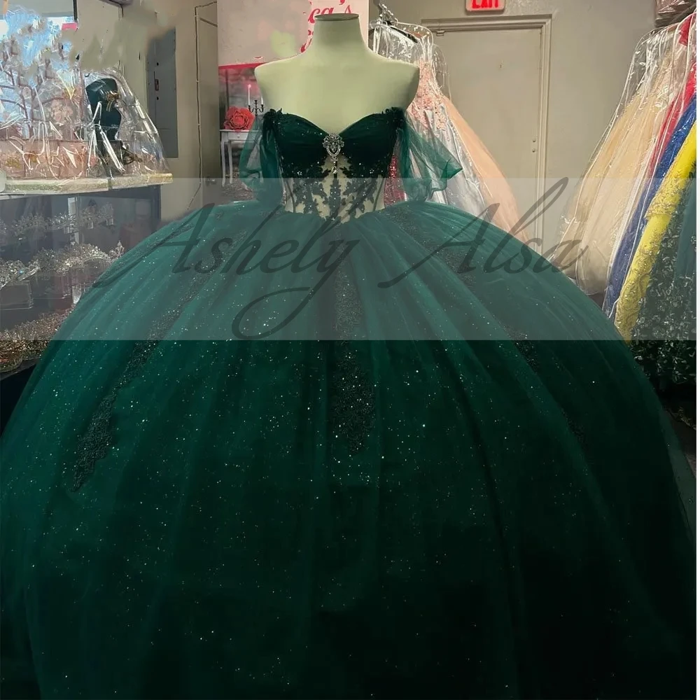 Customized Emerald Green Women Prom Occasion Dress Dance Off Shoulder Illusion Lace Applique Sweet 15 16 Quinceanera Party New