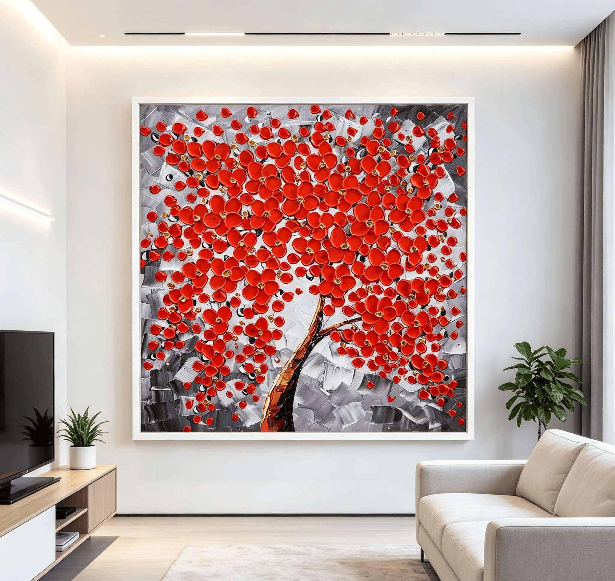 Modern Abstract Red Bloom Tree Art Print Floral Wall Decor Thick Paint Living Room Dining Stair Background Folder Design