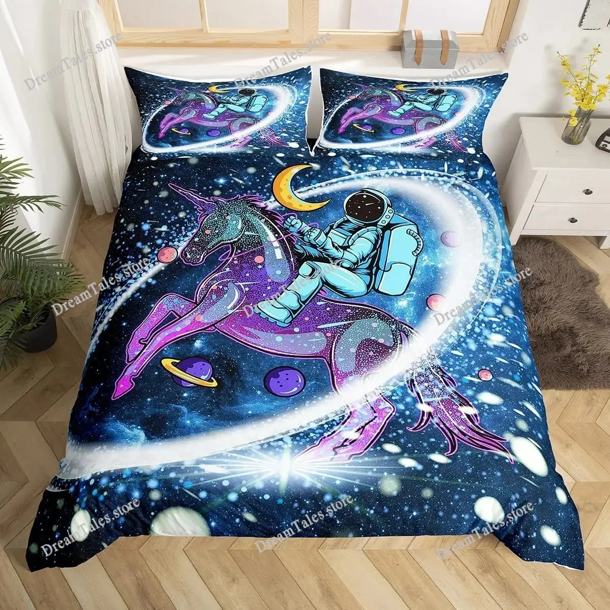 Cartoon Astronaut Duvet Cover Set Moon Clouds Starry Sky Quilt Cover Microfiber Galaxy Bedding Set Twin King for Boys Girls Gift