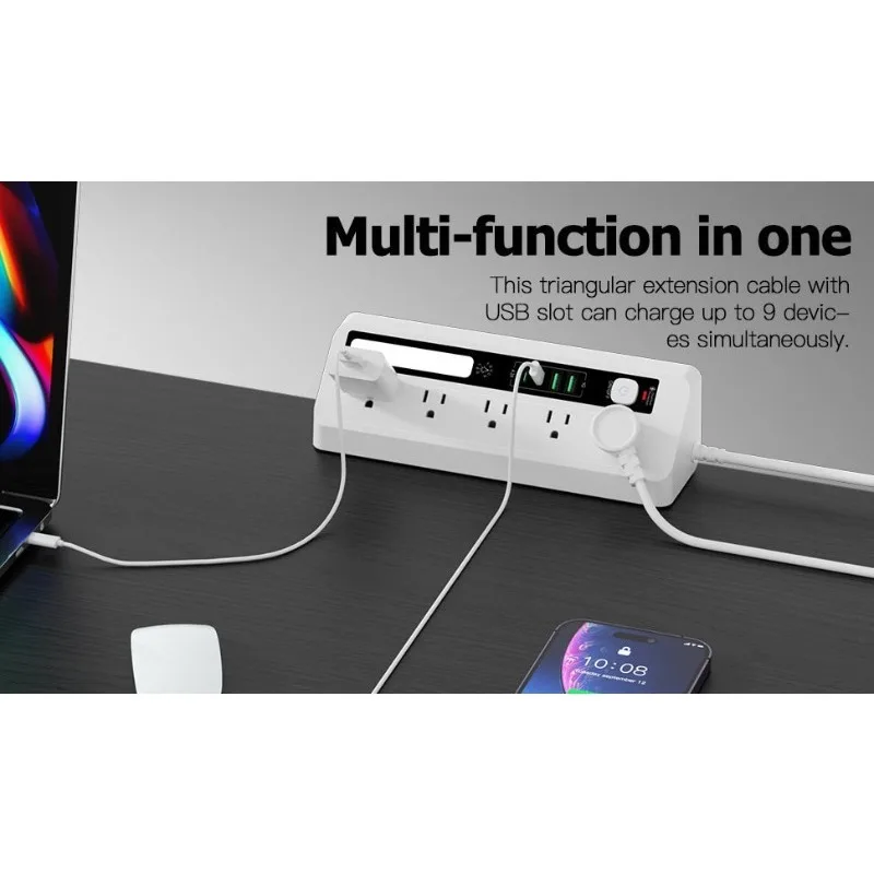Triangular Desktop Power Strip, Touch 3-Color Night Light 2C2U Multi-port Charging Socket US UK EU JP Plug  1PCS