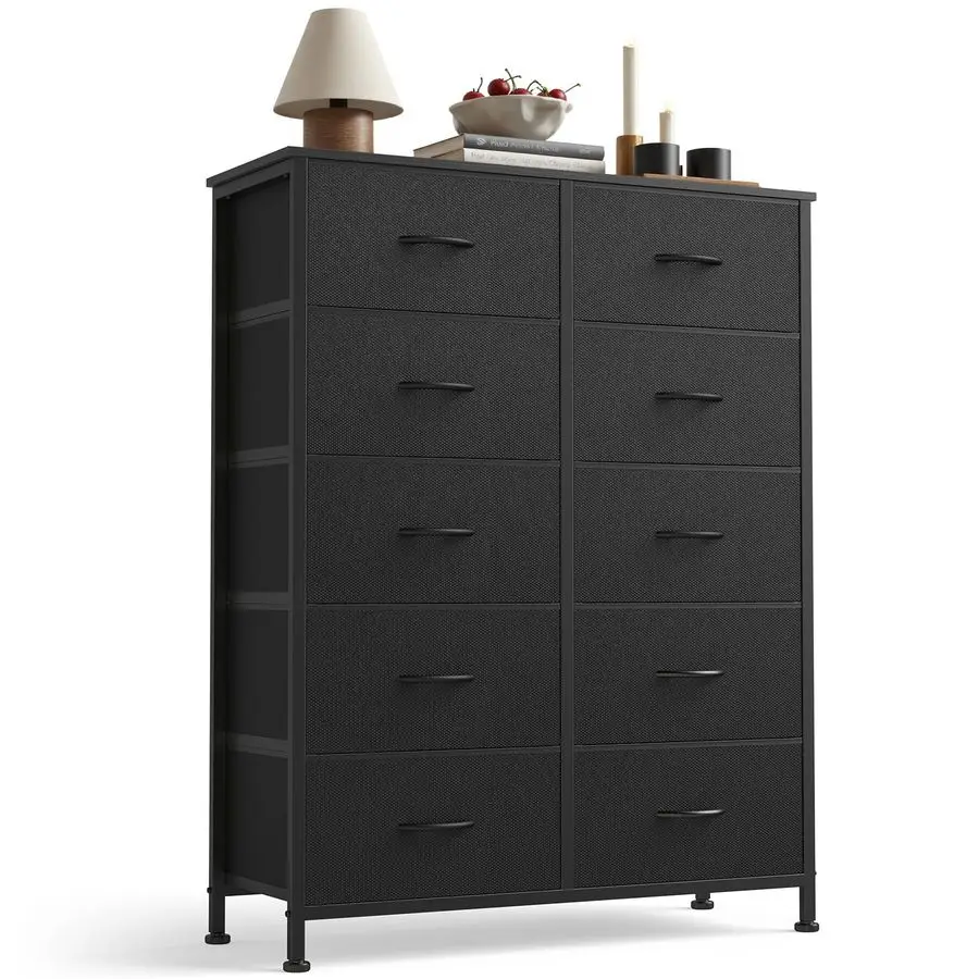 

10 Drawer Fabric Dresser Storage Tower with Bins, Tall Chest Organizer for Bedroom Closet Hallway, Steel Frame Wood Top Easy Pu