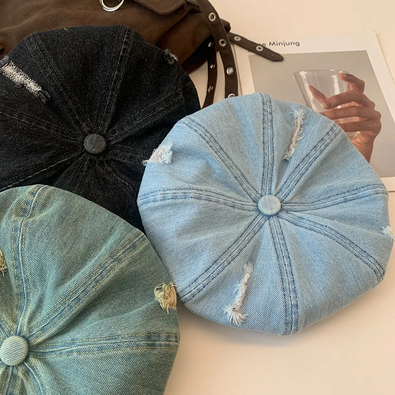 Damen Baskenmütze Retro Denim Achteckiger Hut Atmungsaktive Newsboy Cap Französische Baskenmütze Frau Vintage Hüte Weiblich