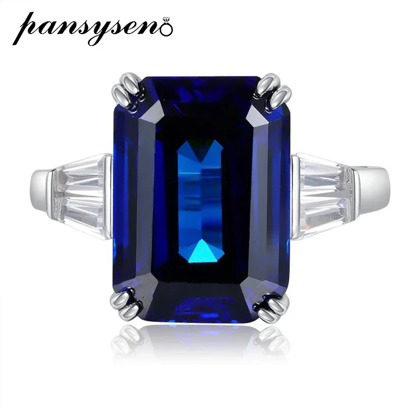 

PANSYSEN Vintage 100% 925 Sterling Silver Emerald Cut Sapphire Gemstone Ring 18k White Gold Plated Party Fine Jewelry for Women