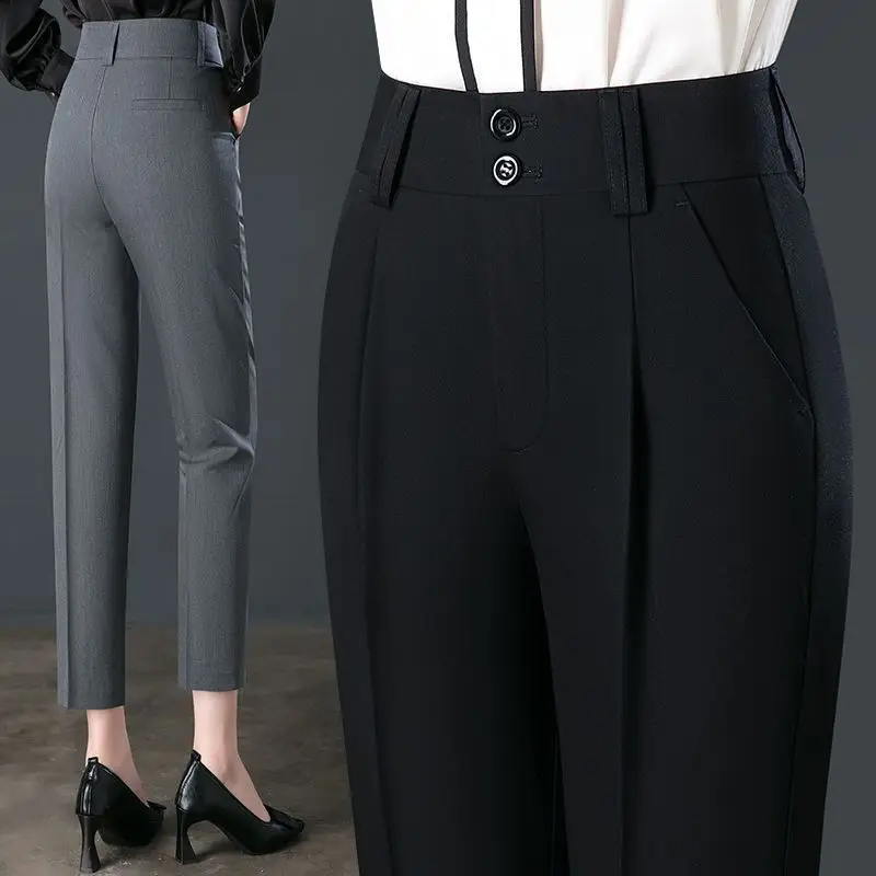 Office Lady Fashion Slim Pencil Pants Spring Autumn New Women High Waist Elastic Solid Pocket Straight Korean Casual Trousers