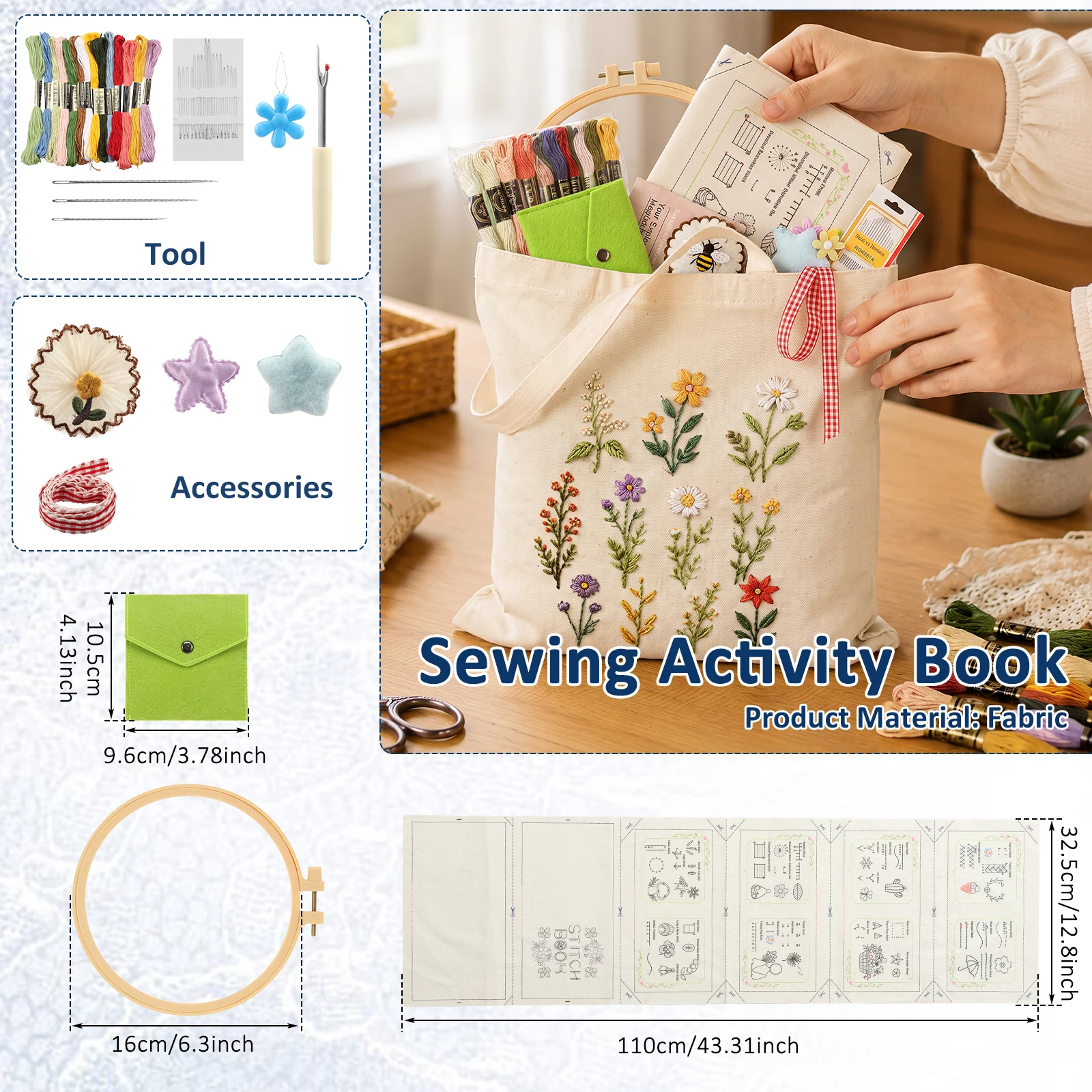 Embroidery Stitch Book Kit 6 Fabric Pages and 32 Essential Stitches Learning Beginner Embroidery Stitch Book with Video Tutorial