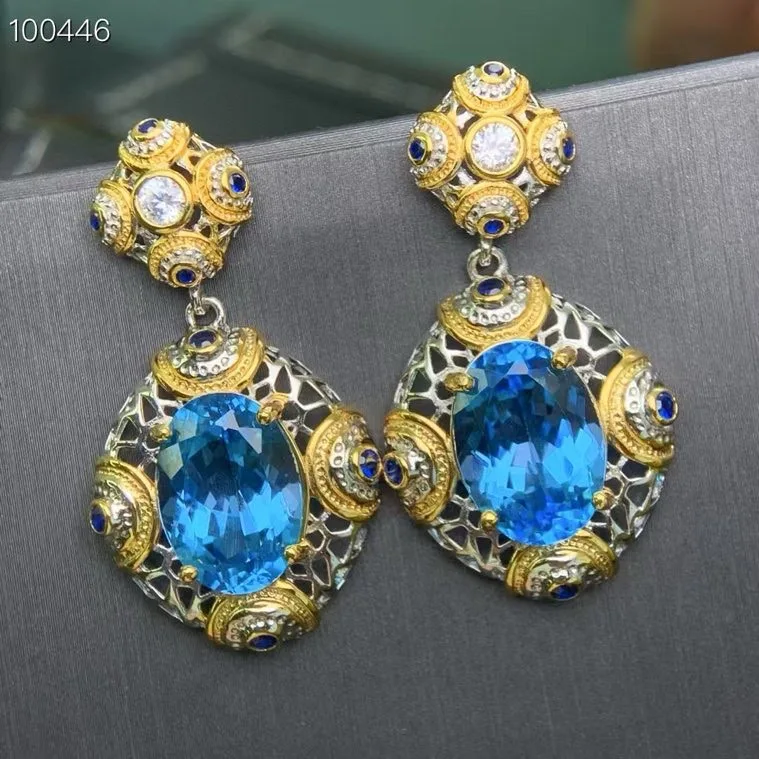 Natural Topaz Earrings, 925 Silver Two-Tone Handmade Blue Gemstone 12x14mm Main Stones, Crystal Jewelry Gift for Women