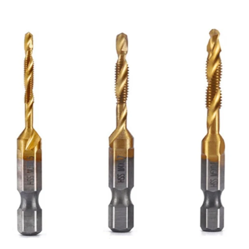 

M3+M4+M5 Hex Shank Titanium Plated HSS Screw Thread Metric Tap Drill Bits Screw Machine Compound Tap Open Chamfer Tool