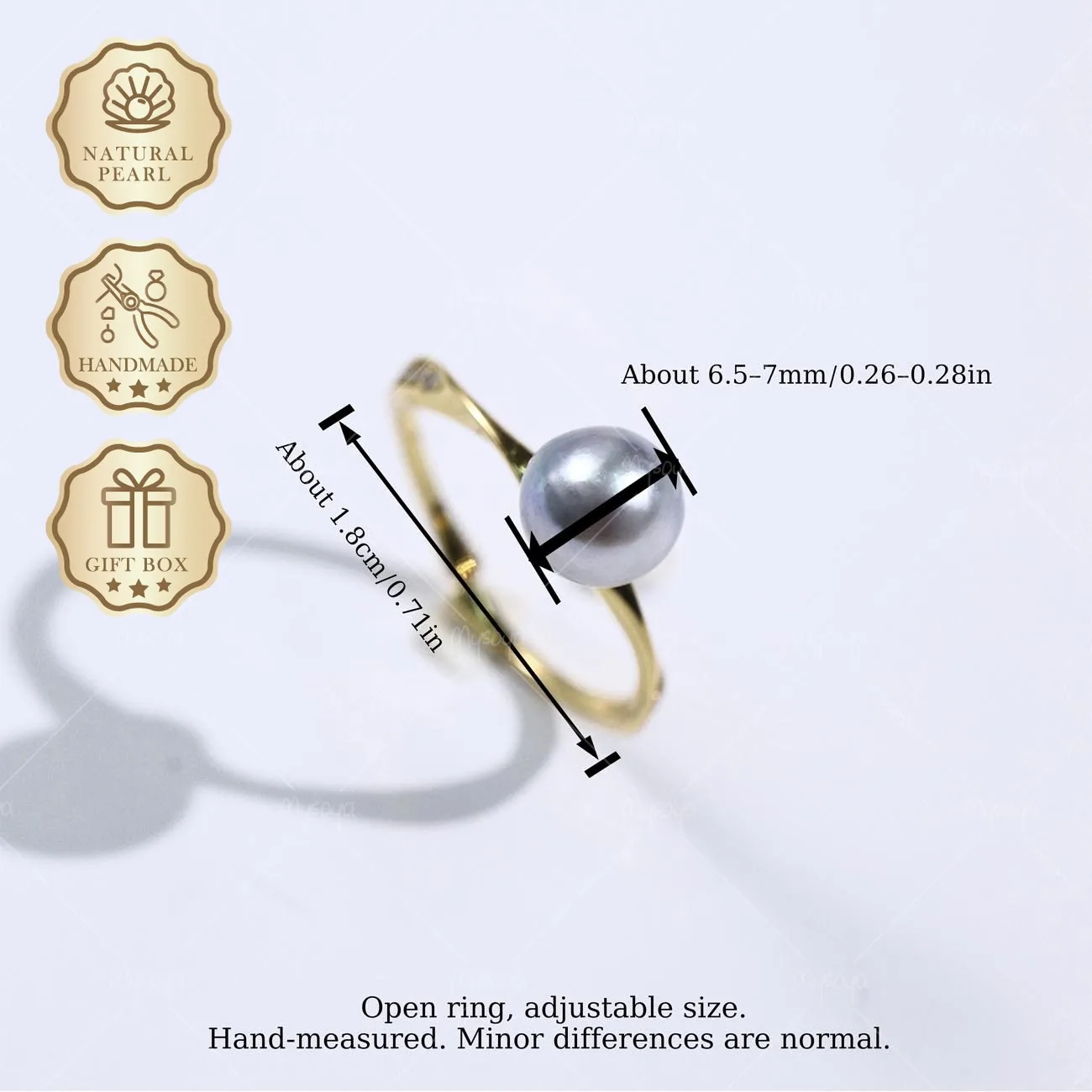 MYSOYA 6.5-7mm Gray Akoya Baroque Saltwater Pearl Open Ring in Gold, Gift Box Included, Fashion Jewelry S189