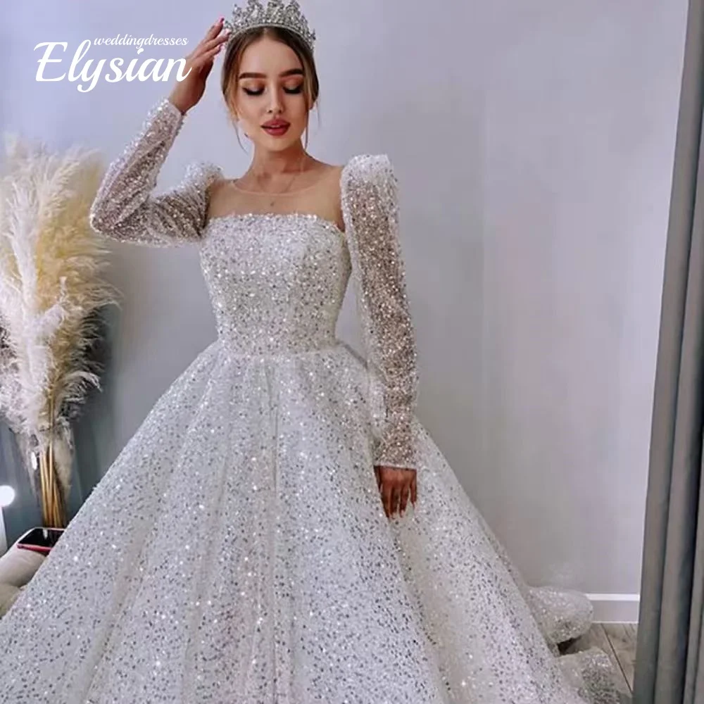 Customized Princess O-neck Wedding Dress Long Sleeves Sequins Sparkly A-line Bridal Gown Tulle Vestidos De Novia
