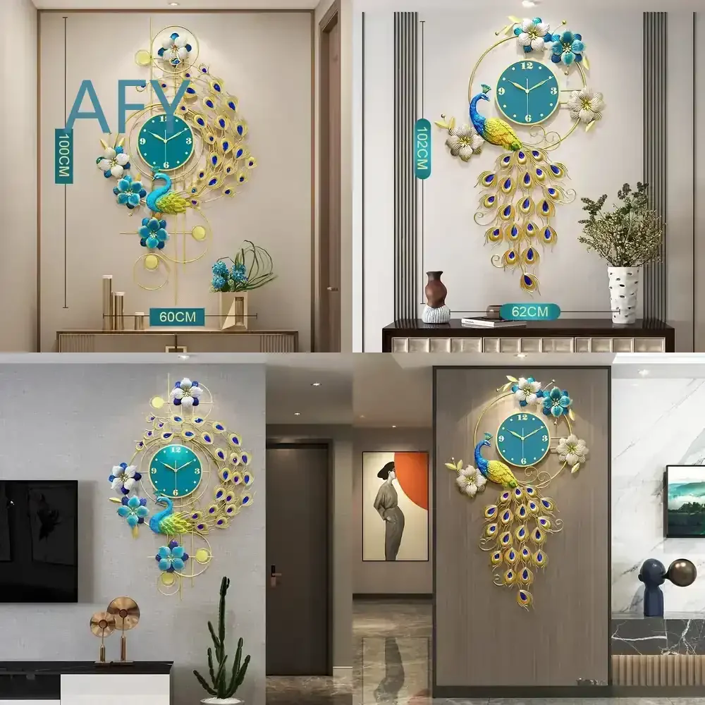Pfauen-Wanduhr für Wohnzimmer, Schlafzimmer, Büro, moderne große runde geräuschlose Wanduhr, Kunstdekoration, luxuriöse, geräuschlose Uhr